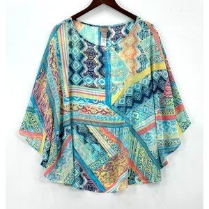 Chicos Womens Loose Blouse Ikat Pattern Lightweight Round Neck Multicolor L/XL